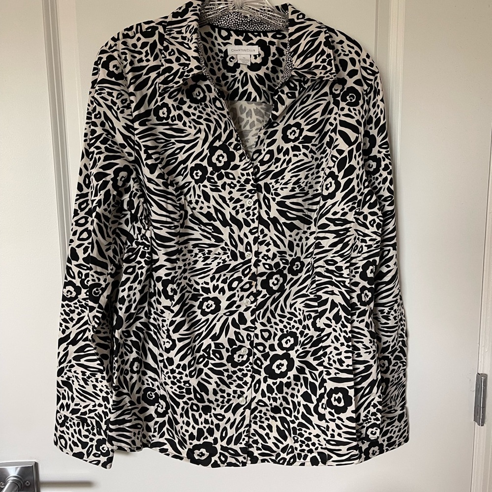 Charter Club Black and White Patterned Button Down Shirt